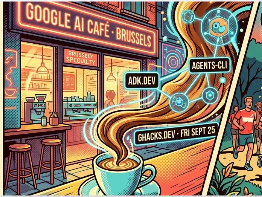 Google AI Café Brussels comic art showing neon café sign, turquoise coffee cup with glowing ADK.DEV, AGENTS-CLI, and GHACKS.DEV FRI SEPT 25 steam nodes